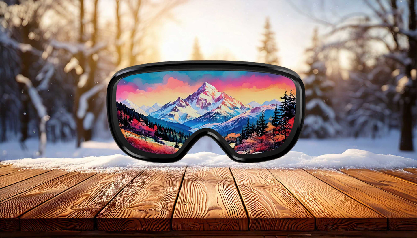 Colorful ski goggles featuring a bold pink, orange, and purple mountain landscape, resting on a rustic wooden table with a snowy pine forest in the background.