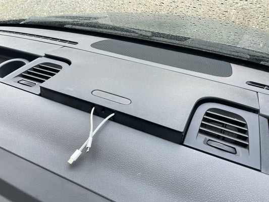 Cable pass-through for the Mercedes Sprinter 2019+ windshield storage compartment